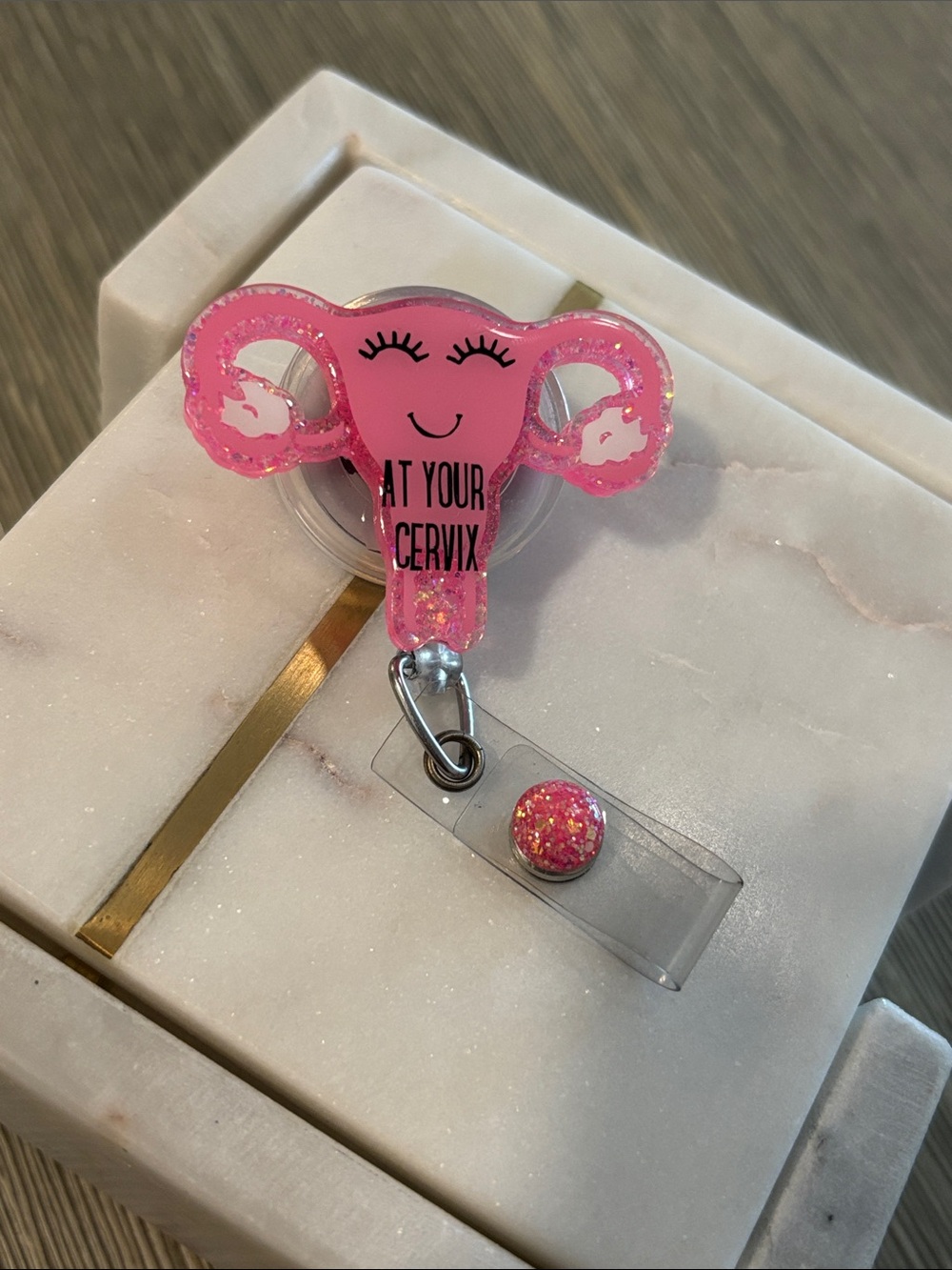 Pink Uterus Badge Reel with Glitter — At Your Cervix